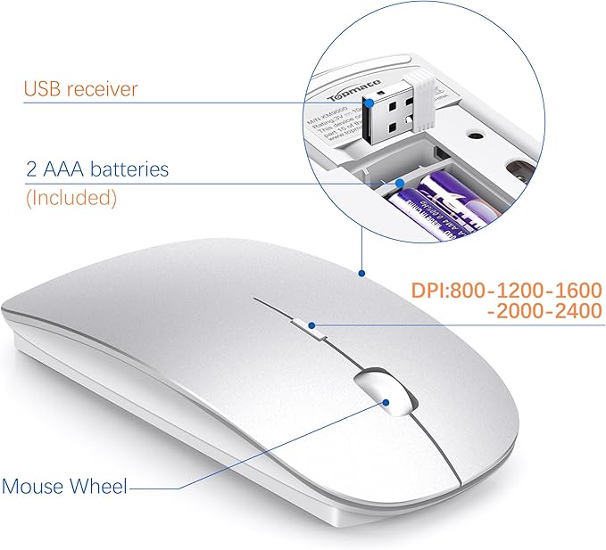 Wireless Keyboard and Mouse Ultra Slim Combo, TopMate 2.4G Silent Compact USB 2400DPI Mouse and Scissor Switch Keyboard Set with Cover, Batteries Included, for PC/Laptop/Windows/Mac - Silver White