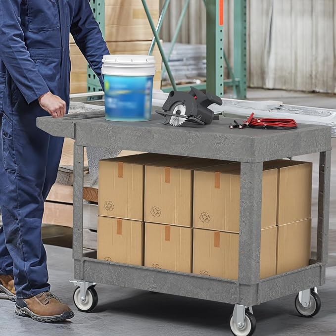 Large Garage Flat Top Utility Cart, Heavy Duty 2 Shelf Tool Cart Service Cart Rolling Push Carts with Ergonomic Handle 5" Swivel Casters.