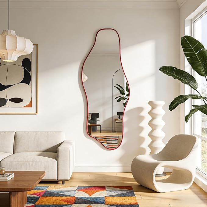 Large Irregular Wall Mirror, 60"x24" Red Asymmetrical Tempered Glass Mirror, Frameless Organic Shaped Mirrors for Entryway Hallway Bedroom Living Room, Horizontal or Vertical Hanging