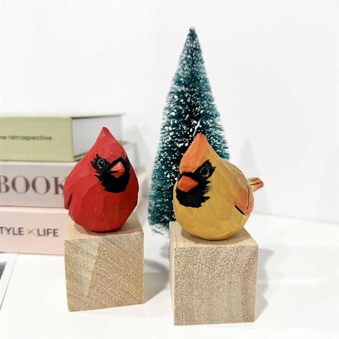 Hand Carved Painted Bird Statues - Wooden Cardinals for Home Decor, Housewarming, Birthday, Christmas