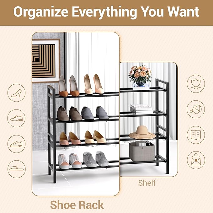 Haddockway Bamboo Shoe Rack for Closet, Free Standing Shoe Organizer with Smooth Round Rods & Convenient Handles, Stackable Shoe Storage Shelf for Entryway, Hallway(Black, 4-Tier)