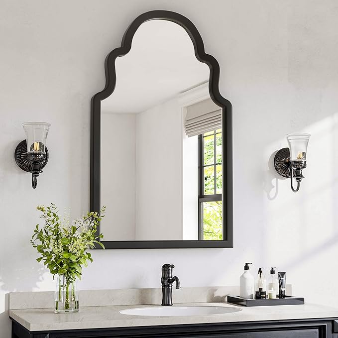 24"x40" Black Arched Mirror for Bathroom Vanity, Matte Black Wood Frame Wall Mirror for Fireplace Mantel, Modern Farmhouse Industrial Decor for Entryway, Large Arch