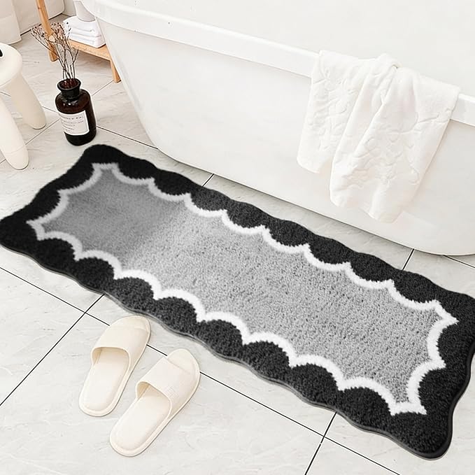 Scalloped Black Bathroom Rugs Mat,Non Slip Absorbent Quick Dry Bath Mats for Shower Room,Plush Microfiber Bath Rug for Bathroom Floor Washable Carpet for Shower Tub Sink Bedroom,17"x47"