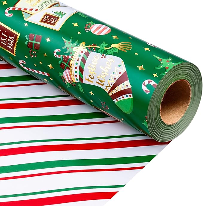 MAYPLUSS Green Christmas Wrapping Paper Roll, Reversible Festive Ornament Wrapping Paper, Metllic Foil Vintage Stocking & Bell Christmas Gift Wrap for Kid Holiday, Celebrations (17 Inch X 33 Feet)