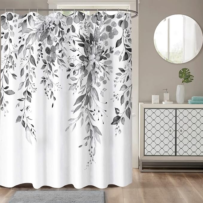 84 Inch Extra Long Gray and White Eucalyptus Shower Curtain Watercolor Grey Floral Plant Leaf Shower Curtains for Bathroom Flower Waterproof Fabric Bath Curtain with Hooks (Black, 72'' x 84'')