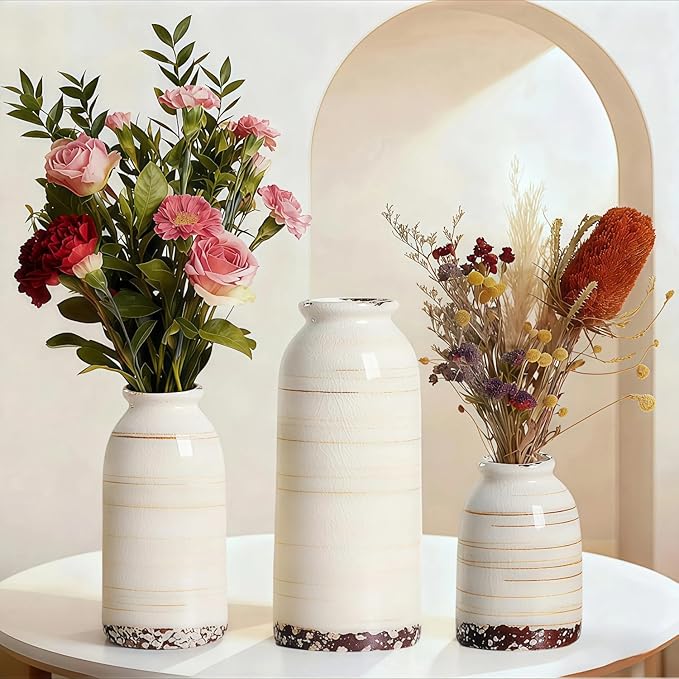 Ceramic Vase Set of 3 – Handcrafted Modern Farmhouse Decorative Vases for Boho Living Room Centerpieces, Entryway Decorations, Coffee Table, Bookshelf, Fireplace Mantel