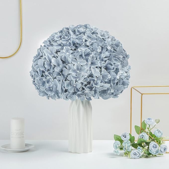 DuHouse Silk Hydrangea Artificial Flower Heads with Stems Fake Hydrangeas Flowers for DIY Wedding Centerpiece Home Decor,Pack of 6 (Dusty Blue)
