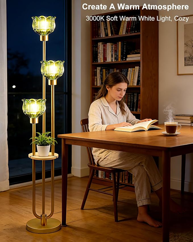 Lightdot Glass Floor Lamp for Living Room 3-Lights Modern Gold Floor Lamp with Green Glass Shade 3000K Bulbs Included Unique Tall Standing Lamp with 5Lb Heavy Base for Bedroom/Sofa Beside/Corner Decor