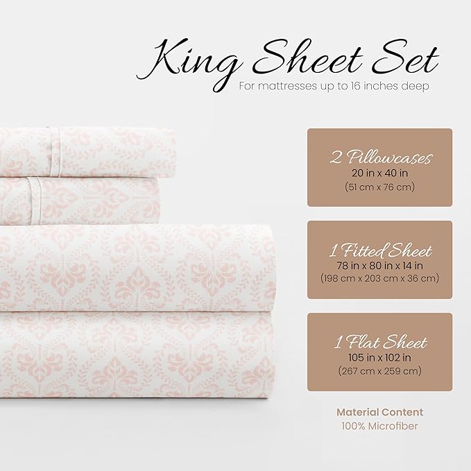 Linen Market Patterned Microfiber King Sheet Set 4 Piece – Oeko-TEX Certified Ultra Soft & Wrinkle-Free - 16" Deep Pocket Sheets - Easy Care King Size - Classic in Pink