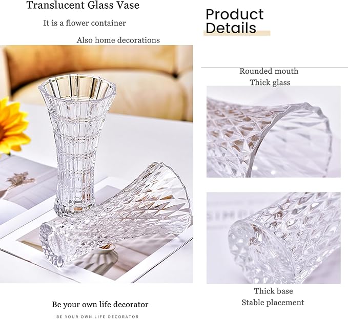 Clear Crystal Vase,Glass Flower Vase Thickening Design for Home Decor Centerpieces, Wedding, Mothers Gift