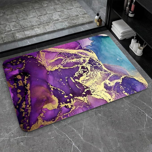 Diatomaceous Earth Bath Mat,Purple, Gold and Blue Marble Non-Slip Volume Super Absorbent Fast Drying for Bathroom Kitchen Door mat,Eco-Friendly Easy to Clean 20×31Inch (50 * 80cm)