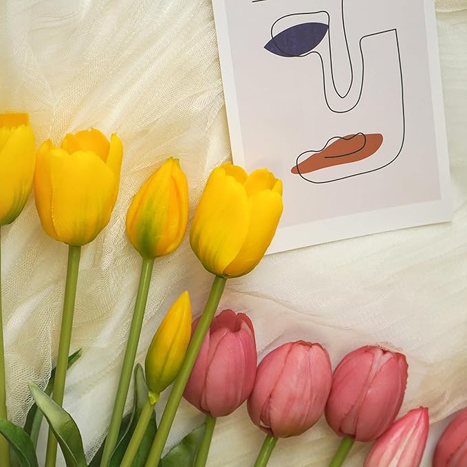 10 Pcs Fake Tulips Tulips Artificial Flowers Real Touch Fake Flowers Artificial Flower Bouquet for Home Table Party Wedding Decoration(Yellow)