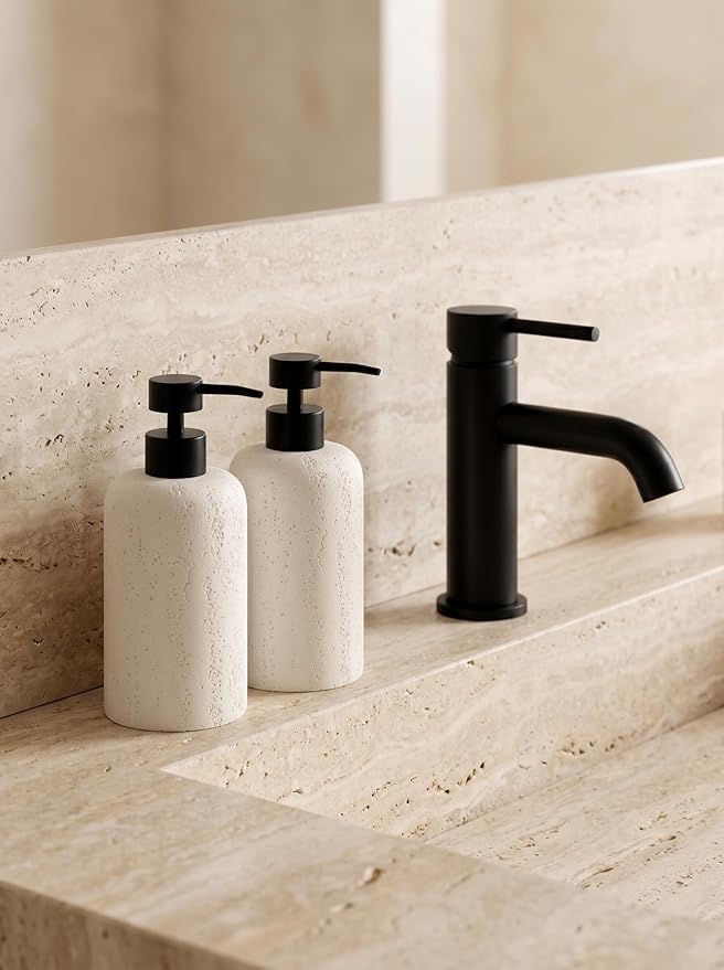 Soap Dispensers 400mL 13.5 OZ, 2 PCS Luxurious Hand Dish Lotion Shampoo Soap Dispenser Jar, Travertine Soap Pump Bottles for Kitchen Bathroom Countertop (Cream)