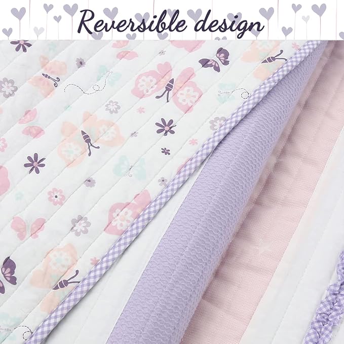 Cozy Line Home Fashions Lavender Blue Pink Ruffles Girl 100% Cotton Reversible Quilt Bedding Set, Coverlet, Bedspread (Lavender Dream, Queen - 3 Piece: 1 Quilt + 2 Shams)