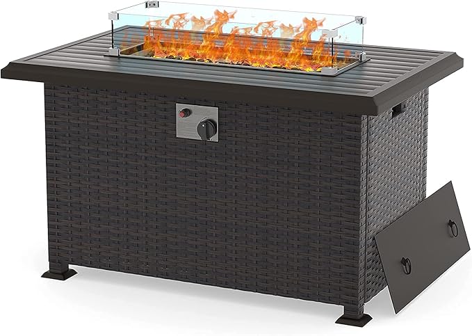 Kullavik 43" Propane Fire Pit Table,55000 BTU Auto-Ignitiongas Gas Fire Table with Fire Glass and Lid,Waterproof Cover and Blue Glass Stone for Patio,Balcony,Garden