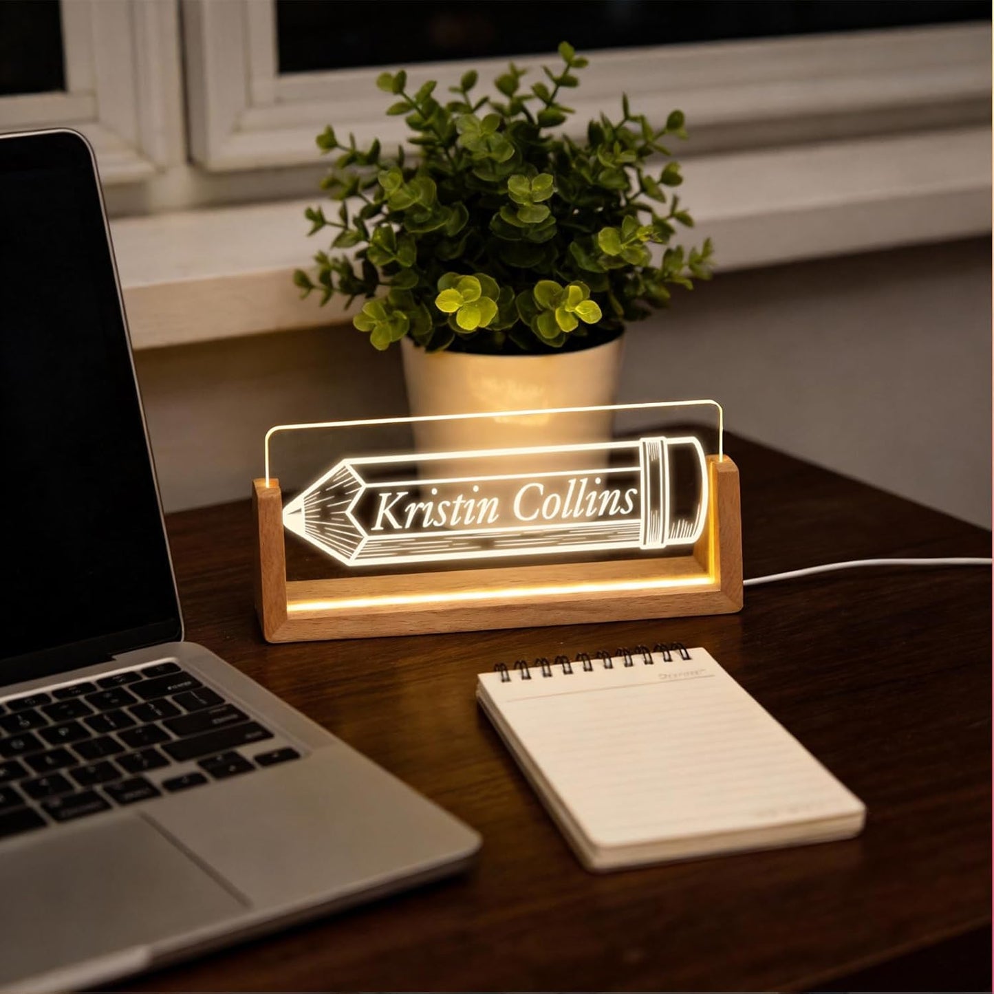 Skiennix Personalized Light Up Acrylic Desk Name Plate - Custom Walnut Base Office Gift (Pencil)