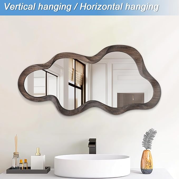 Asymmetrical Mirror for Wall Brown Irregular Wood Frame Modern Artistic Wall Mirror Decorative Vanity Bathroom Living Room Bedroom Entryway Hallway Cute and Stylish Cloud Mirror Large 36" x 20"