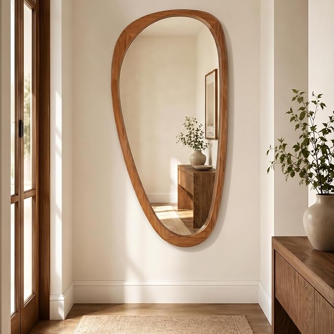 Solid Wood 48"x24" Large Aesthetic Wabi-Sabi Statement Mirror, Warm Walnut Full Length Irregular Mirror, Modern Organic Asymmetrical Wooden Wall-Mounted Mirror, Honey Walnut