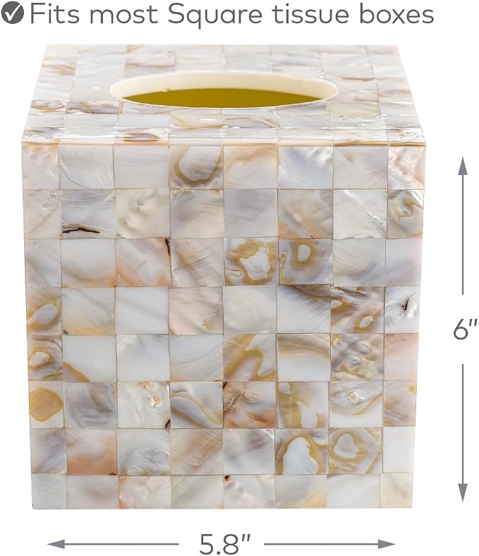 Milano Tissue Box Cover Square – Decorative Tissue Holder for Bathroom - Beautiful Natural Mother of Pearl Capiz Shells Tissue Box Holder - Cube Tissue Box Cover with Durable Bottom Slider
