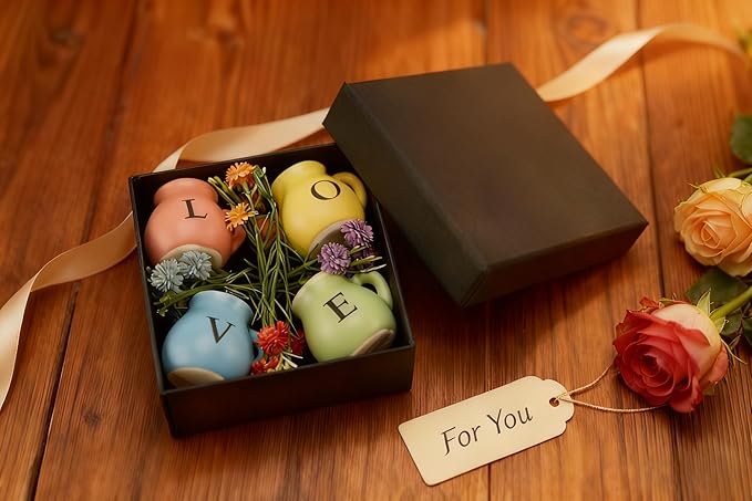 Vase Magnets for Refrigerator, Set of 4 Love Mini Ceramic Vases with Faux Flowers, Gift for Valentine's Day, Anniversary, Mother's Day, Housewarming for Her/Him/Mom