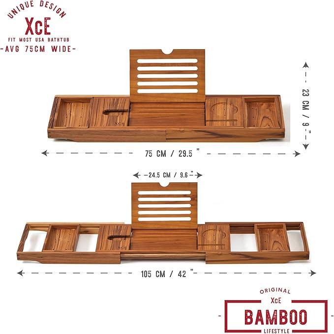 XcE Teak Bathtub Caddy Tray - Expandable to 41 Inches with Book Stand, Soap Holder & Anti-Slip Pads for Luxury Bath Spa, Teak