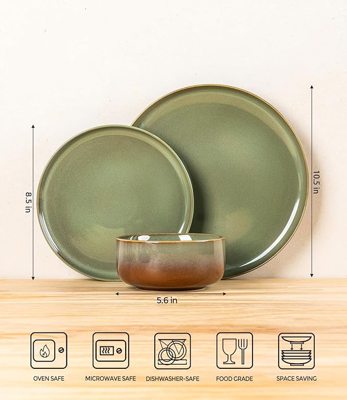 TheTerra Ceramic Dinnerware Sets for 6, 18 Pieces Handmade Reactive Glaze Plates and Bowls Set, Scratch Resistant Dish Set, Oven & Microwave & Dishwasher Safe, Sage Umber