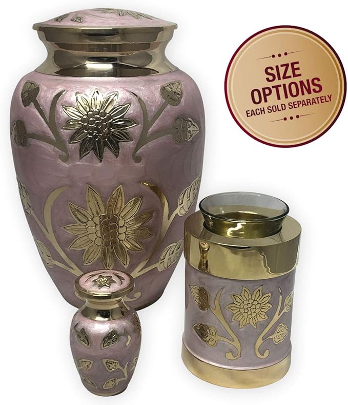 Pink Garden Brass Keepsake Cremation Urn | Unique Brass Funeral Urn with Gold & Pink Enamel Details | Keepsake