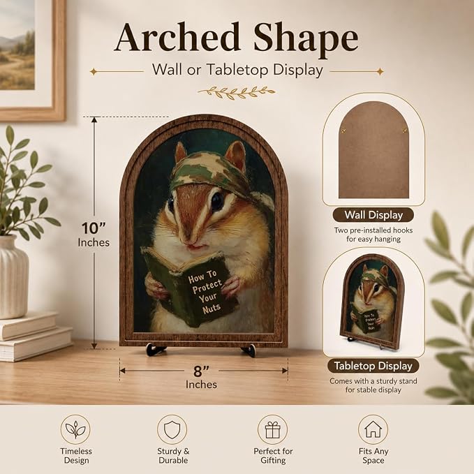 Wooden Tabletop Decor Funny Reading Chipmunk Art for Bookshelf Desk Shelf, Vintage Animal Sign with Rustic Frame, Home Office Decorative Accent