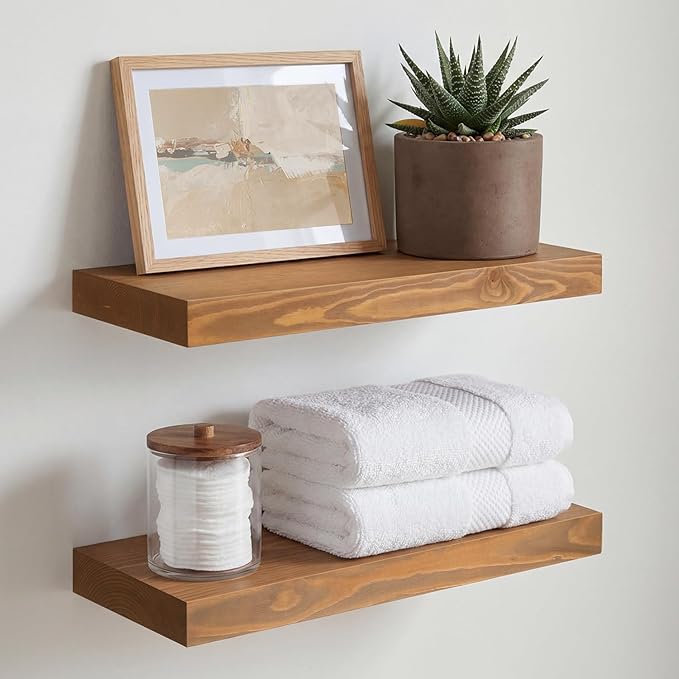 Homeforia 16 inch Golden Oak Floating Shelf, High End Solid Real Wood 16inch Small Floating Shelves for Wall Mounted, Oak Wooden 16in Floating Shelves, Heavy Duty Bracket, 16 X 6.5 X 1.75 in, Set of 4