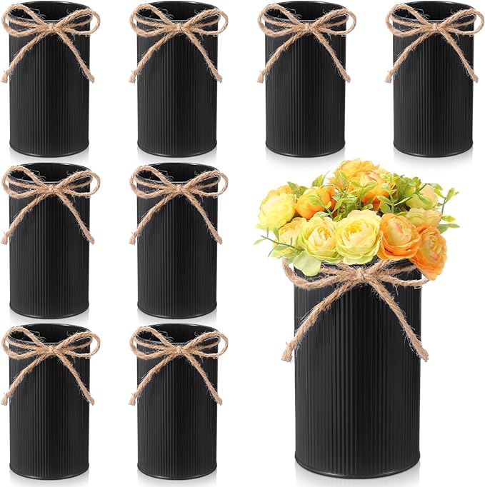 Domensi 5.91 in High Farmhouse Vase Decor Galvanized Metal Flower Vase with Twine Bow Vintage Rustic Tin Flower Buckets for Artificial Floral Table Container DIY(Black,8 Pcs)