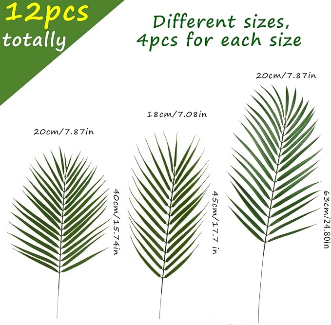 CCINEE 12 PCS Artificial Palm Leaves, Assorted Sizes Faux Large Palm Fronds Fake Tropical Plant Simulation Safari Leaves with Stems for Home Hawaiian Luau Party Jungle Beach Theme Party Decoration