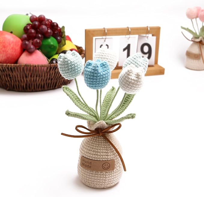 Crocheted Tulips, Hand-Woven Potted Plants, Permanent Tulips, Used for Creative DIY Table Decoration, Birthday Gift ，Graduation Ceremony, Christmas and Thanksgiving (5 Flowers-Blue)