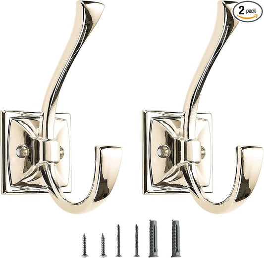 2 Pack Decorative Heavy Duty Towel Hooks for Hanging Robe Double Polished Nickel Coat Hooks Wall Mounted with Screws for Key, Towel, Bags, Cup, Hat