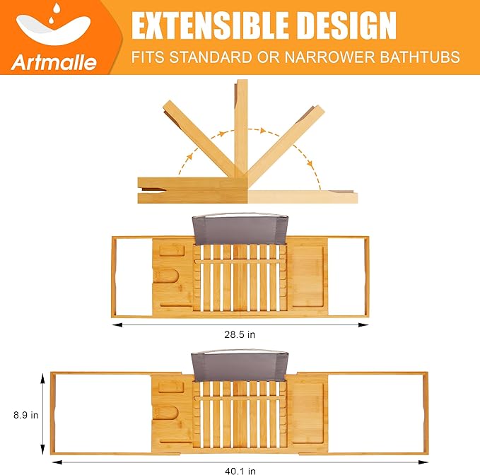 Artmalle Luxury Bathtub Caddy Tray for Tub - Foldable Bamboo Bath Table Tray with Book and Wine Glass Holder, Expandable Bathroom Accessories for Spa or Reading Lite Style