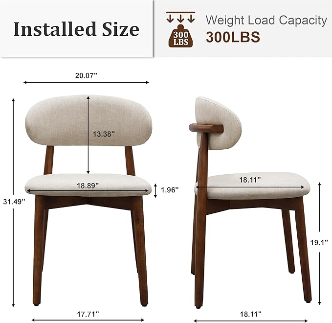 Farmhouse Dining Chairs Set of 2, Mid Century Modern Fabric Upholstered Kitchen Chairs, Wooden Dining Room Chair with Curved Back for Kitchen Dining Room Restaurant Cafe, Warm Gray (Only Chairs)