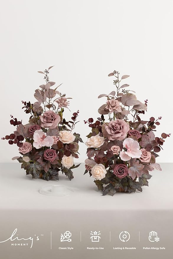 Ling's moment 17.5" Tall Free Standing Artificial Flowers Arrangements 2 pcs Wedding Aisle Runner Chair Decorations Dusty Rose & Mauve Centerpieces for Ceremony Reception Rose Floral Party Outdoor