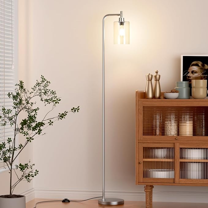 Ziisee Floor Lamps for Living Room - Industrial Standing Lamp with Glass Shade, Modern Floor Lamp with LED Bulbs, Tall Lamp for Bedroom Office - Brushed Nickel