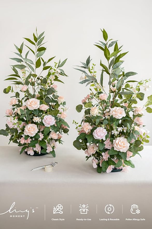 Ling's moment 41" Tall Ground Flowers for Wedding Decor, 2pcs Free Standing Artificial Flowers Arrangements, Aisle Chair Backdrop Decoration for Garden Arch Entryway Ceremony Reception, Blush & Cream