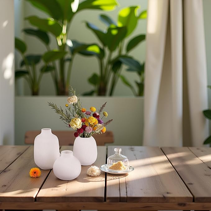 White Ceramic Vase Set of 3, Decorative Vases for Flowers, Home Decor Modern Minimalist Pottery Vases for Bouquet Pampas Grass Dried Fresh, Bookshelf, Shelf, Bedroom, Entryway Mantel Decor