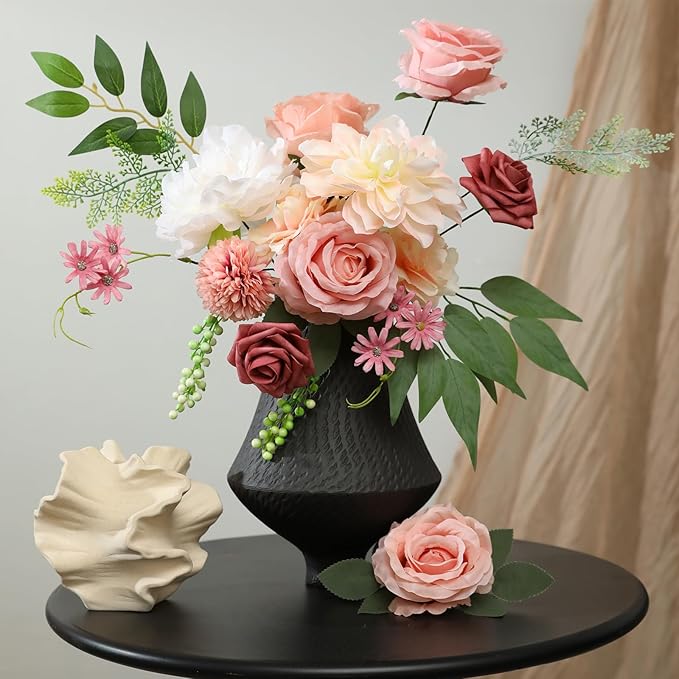 Floweroyal 2 Layers Artificial Flowers Combo Pink Flowers Mix Silk Flowers Dahlia Roses with Stems for Wedding Bridal Bouquets, Baby Shower, Floral Arrangement, Table Centerpieces
