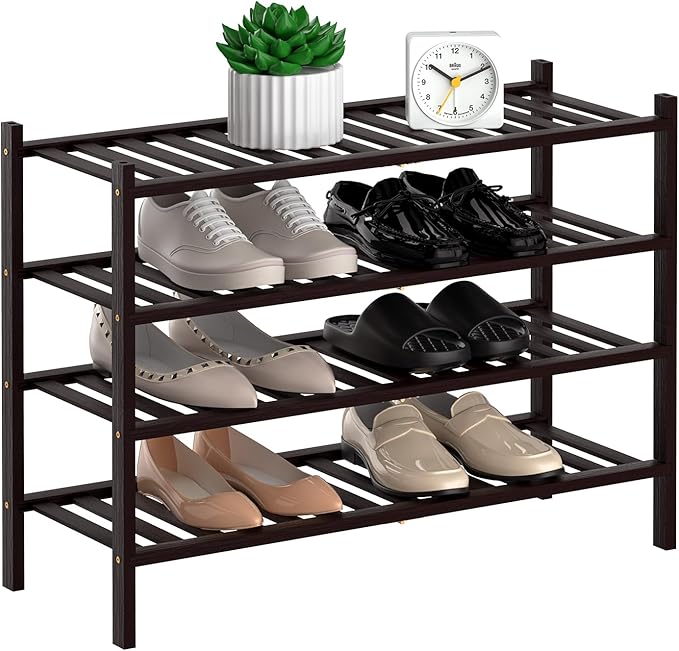 RONGJlA 4 Tier Bamboo Shoe Rack for Closet Free Standing Wood Shoe Shelf Storage Organizer for Entryway Small Space Stackable, Brown