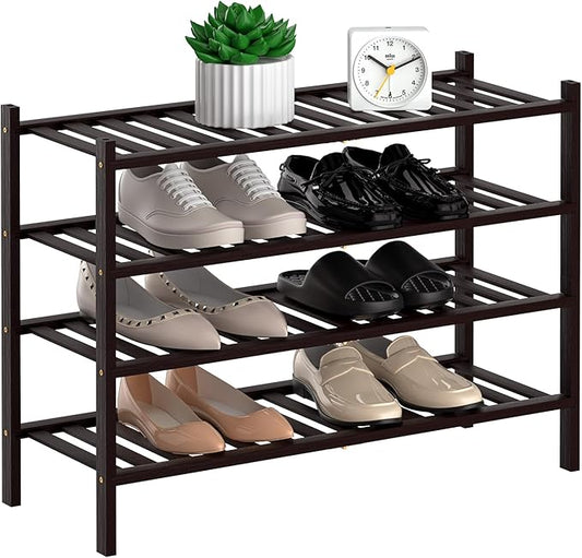 RONGJlA 4 Tier Bamboo Shoe Rack for Closet Free Standing Wood Shoe Shelf Storage Organizer for Entryway Small Space Stackable, Brown