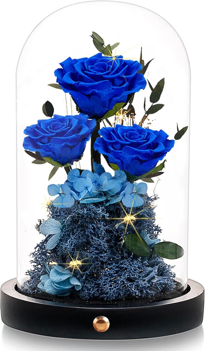 Christmas Flowers Roses Gifts for Mom,Forever Real Preserved Roses in Glass Dome,Christmas Anniversary Thanksgiving Gifts for Wife Girlfriend Women Best Friend Grandma/Blue Rose