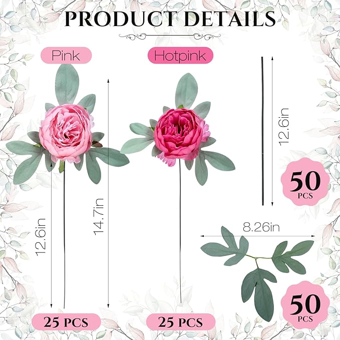 Zeyune 50Pcs Wedding Artificial Peonies 4Inch Fake Silk Peony Faux Peonies Artificial Valentine Flowers Bulk Rose Flowers Heads for Valentine Decoration Vintage Wedding Home Office (Hot Pink and Pink)