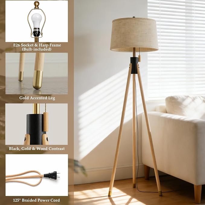 Mid Century Modern Tripod Floor Lamp, Gold Accented Two-Tone Solid Wood Floor Lamp with Black-Finished Solid Wood Center, Linen Shade & Pull Chain, Tall Lamp for Living Room Bedroom Reading Corner