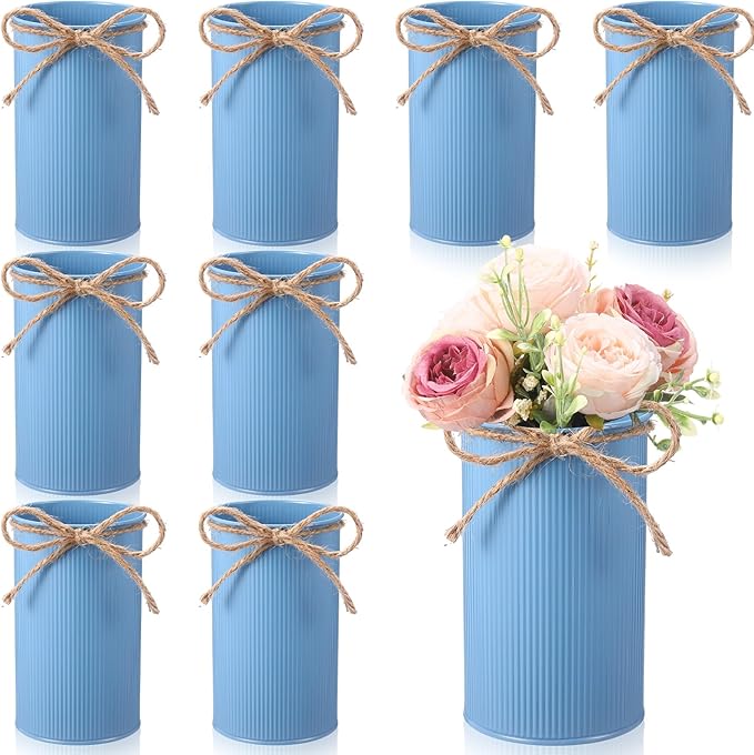 Domensi 5.91 in High Farmhouse Vase Decor Galvanized Metal Flower Vase with Twine Bow Vintage Rustic Tin Flower Buckets for Artificial Floral Table Container DIY(Haze Blue,8 Pcs)