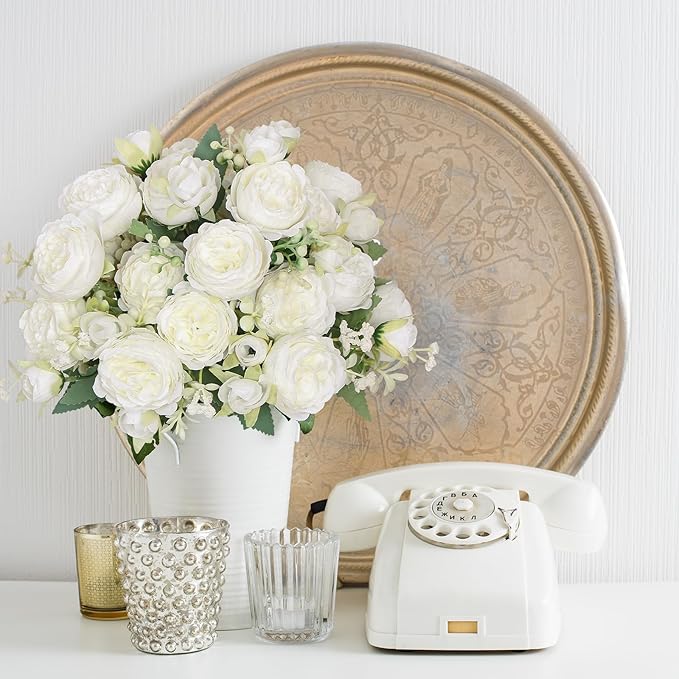 SOMYTING Peonies Artificial Flowers, Fake Flowers White Peonies Faux Flowers Vintage Artificial Silk Flower Peonies Bouquets Floral Arrangements Home Wedding Party Coffee Table Decor (White, 4PCS)