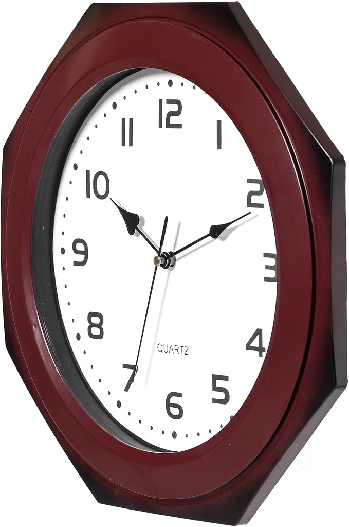 Clockswise Quickway Imports Brown Modern Decorative Octagon Shaped Wood- Looking Plastic Wall Clock for Living Room, Kitchen, or Dining Room