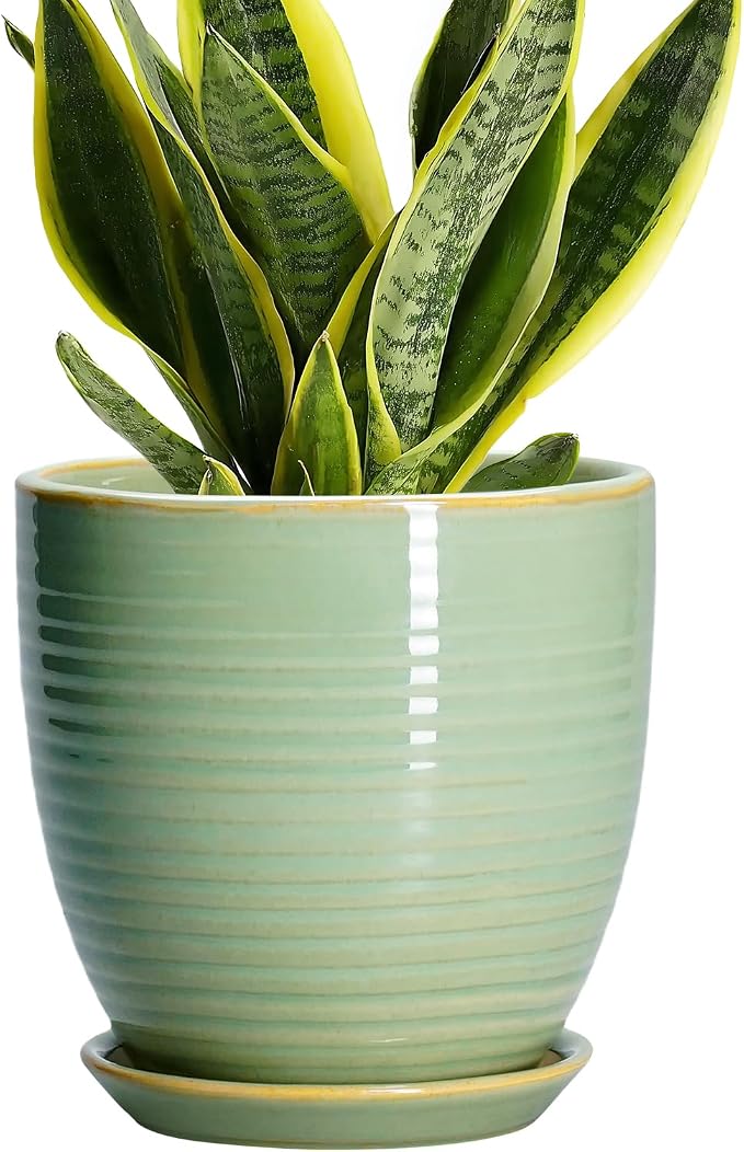 Ceramic Plant Pots - 6 Inch Ceramic Planter with Drainage Hole and Saucer, Modern Planters for Indoor Outdoor Plants, Round Flower Pots, Office House Decor, Gifts for Women Men, Bright Green