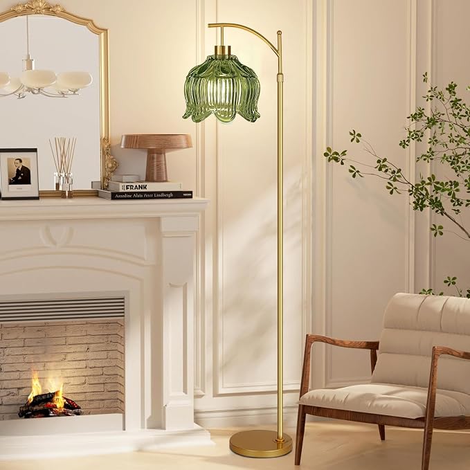ILLMTW Glass Floor Lamp for Living Room,Bedroom,Gold Mid Century Modern Standing Lamp with Remote,Dimmable Brass Tall Lamp Vintage Tulip Green Arc Flower Floor Light Boho Bohemian